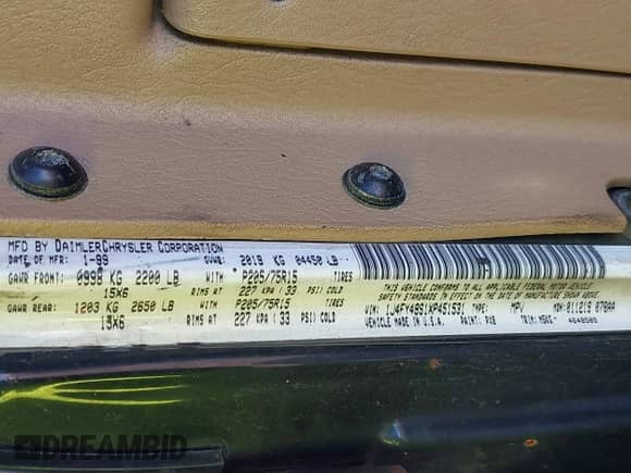 1999 Jeep Wrangler Sahara с VIN 1J4FY49S1XP451531, выставлен на аукционе IAAI как лот 41830315 с пробегом 244 154 миль миль и . История ставок и продаж доступна на DreamBid. Изображение 9.