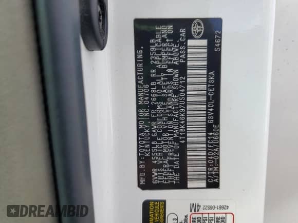 2007 Toyota Camry LE с VIN 4T1BK46K97U504712, выставлен на аукционе Copart как лот 81936135 с пробегом 98 601 миль миль и Списание • Salvage title. История ставок и продаж доступна на DreamBid. Изображение 12.
