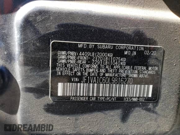 2020 Subaru WRX Premium with VIN JF1VA1C60L9816270, listed as a Copart auction lot 44570175 with Not provided miles and Salvage title. Bid and sale history available at DreamBid. Image 14.