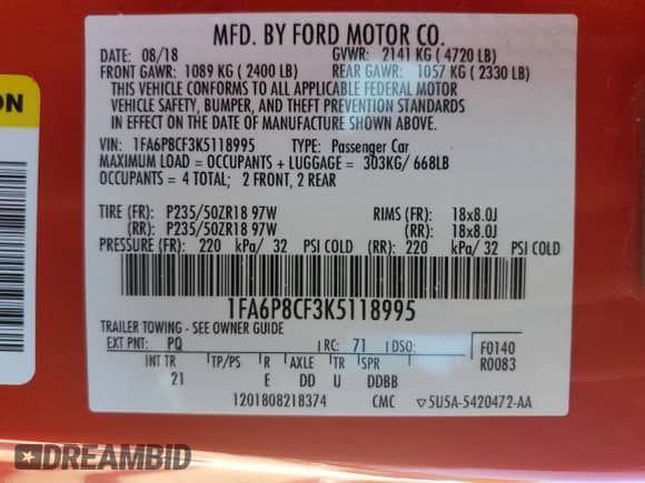 2019 Ford Mustang GT с VIN 1FA6P8CF3K5118995, выставлен на аукционе Copart как лот 84606385 с пробегом 54 564 миль миль и Списание • Salvage title. История ставок и продаж доступна на DreamBid. Изображение 12.