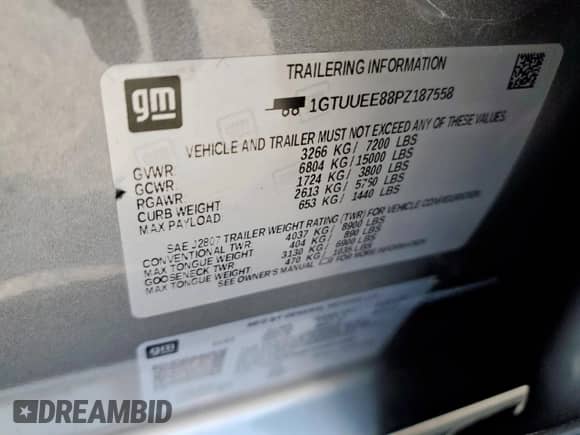2023 GMC Sierra 1500 AT4 with VIN 1GTUUEE88PZ187558, listed as a Copart auction lot 62832805 with 30,019 mi miles and Salvage title. Bid and sale history available at DreamBid. Image 12.