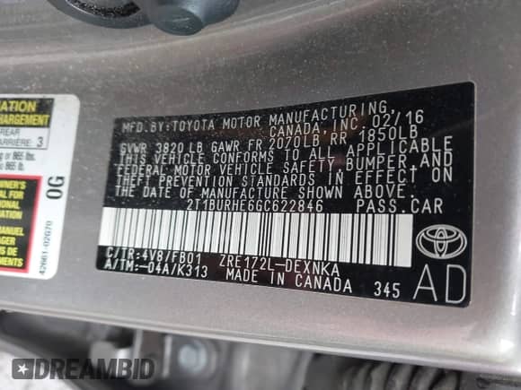 2016 Toyota Corolla L with VIN 2T1BURHE6GC622846, listed as a IAAI auction lot 43294952 with 96,510 mi miles and . Bid and sale history available at DreamBid. Image 9.