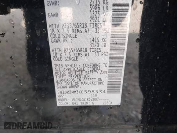 2019 Nissan Pathfinder SV with VIN 5N1DR2MM3KC598534, listed as a IAAI auction lot 42403130 with 117,213 mi miles and . Bid and sale history available at DreamBid. Image 9.