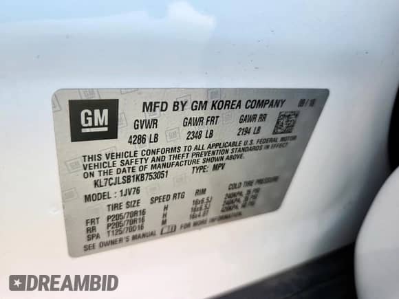 2019 Chevrolet Trax LT с VIN KL7CJLSB1KB753051, выставлен на аукционе Copart как лот 84258245 с пробегом 151 941 миль миль и Списание • Salvage title. История ставок и продаж доступна на DreamBid. Изображение 13.
