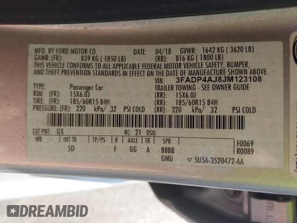 2018 Ford Fiesta S with VIN 3FADP4AJ8JM123108, listed as a IAAI auction lot 43275142 with 89,585 mi miles and . Bid and sale history available at DreamBid. Image 9.