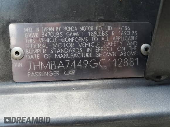 1986 Honda Accord с VIN JHMBA7449GC112881, выставлен на аукционе Copart как лот 52126965 с пробегом 356 737 миль миль и Списание • Salvage title. История ставок и продаж доступна на DreamBid. Изображение 12.