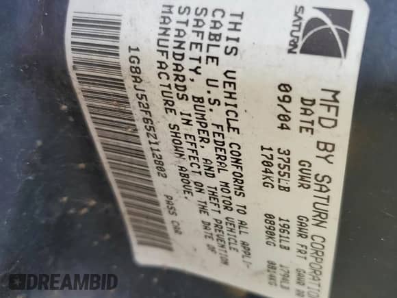 2005 Saturn ION ION 2 с VIN 1G8AJ52F65Z112802, выставлен на аукционе Copart как лот 48494195 с пробегом 139 614 миль миль и На запчасти • Non repairable. История ставок и продаж доступна на DreamBid. Изображение 13.