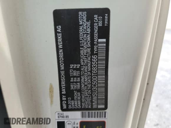 2013 MINI Hardtop with VIN WMWSU3C50DT683566, listed as a Copart auction lot 59854505 with 136,288 mi miles and Salvage title. Bid and sale history available at DreamBid. Image 12.