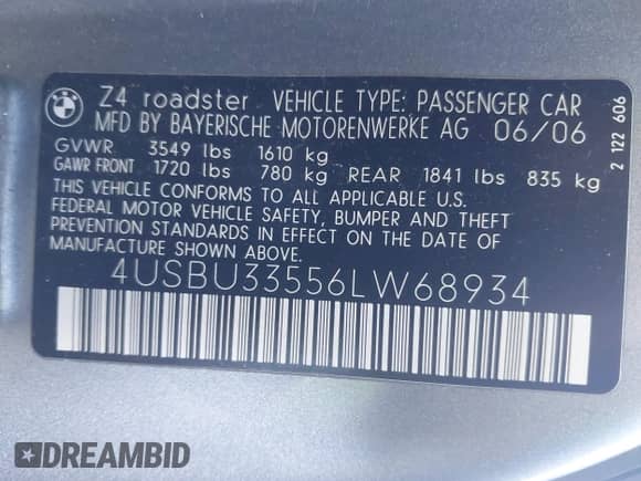 2006 BMW Z4 3.0i с VIN 4USBU33556LW68934, выставлен на аукционе IAAI как лот 41472800 с пробегом 108 983 миль миль и . История ставок и продаж доступна на DreamBid. Изображение 9.