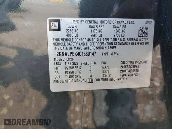 2012 Chevrolet Equinox 2LT with VIN 2GNALPEK4C1339147, listed as a Copart auction lot 67814465 with Not provided miles and Salvage title. Bid and sale history available at DreamBid. Image 13.