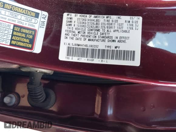 2014 Honda CR-V EX-L with VIN 5J6RM4H74EL085252, listed as a IAAI auction lot 43180132 with 111,238 mi miles and . Bid and sale history available at DreamBid. Image 9.