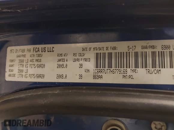 2017 Ram 1500 Sport with VIN 1C6RR7UT7HS779169, listed as a IAAI auction lot 41680887 with 101,576 mi miles and . Bid and sale history available at DreamBid. Image 9.