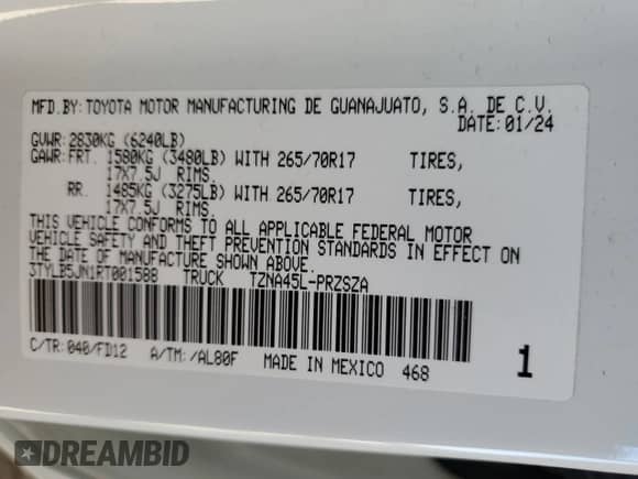 2024 Toyota Tacoma SR5 with VIN 3TYLB5JN1RT001588, listed as a Copart auction lot 72055575 with 21,312 mi miles and Salvage title. Bid and sale history available at DreamBid. Image 12.