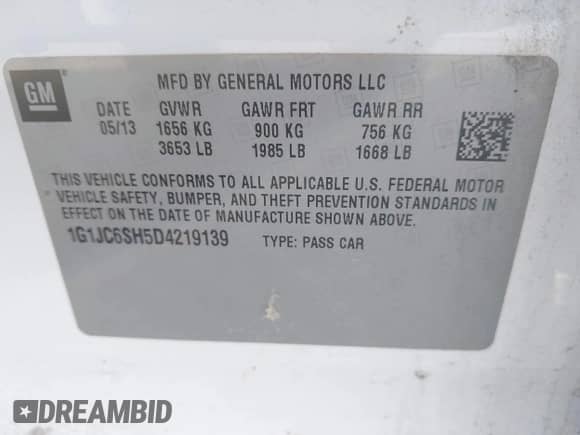 2013 Chevrolet Sonic LT с VIN 1G1JC6SH5D4219139, выставлен на аукционе IAAI как лот 41271259 с пробегом 120 442 миль миль и . История ставок и продаж доступна на DreamBid. Изображение 9.