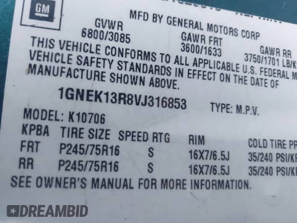 1997 Chevrolet Tahoe с VIN 1GNEK13R8VJ316853, выставлен на аукционе IAAI как лот 43449216 с пробегом 342 730 миль миль и . История ставок и продаж доступна на DreamBid. Изображение 9.