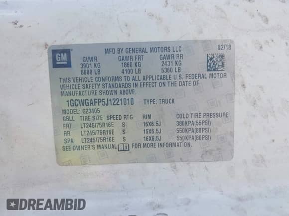 2018 Chevrolet Express Cargo with VIN 1GCWGAFP5J1221010, listed as a IAAI auction lot 42834960 with 186,402 mi miles and . Bid and sale history available at DreamBid. Image 9.