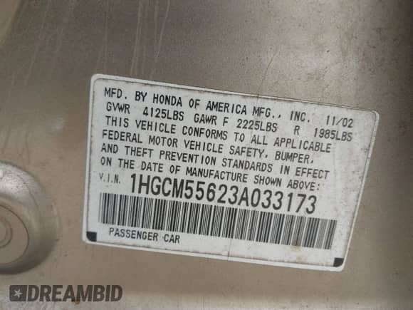 2003 Honda Accord EX z VIN 1HGCM55623A033173, wystawiony jako IAAI lot #43094294 z przebiegiem 121 091 mil mil oraz . Historia ofert i sprzedaży dostępna na DreamBid. Obrazek 9.