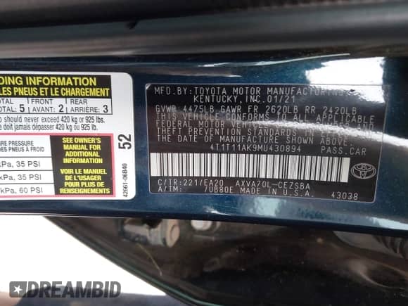 2021 Toyota Camry SE Nightshade z VIN 4T1T11AK9MU430894, wystawiony jako IAAI lot #43127250 z przebiegiem 80 059 mil mil oraz . Historia ofert i sprzedaży dostępna na DreamBid. Obrazek 9.