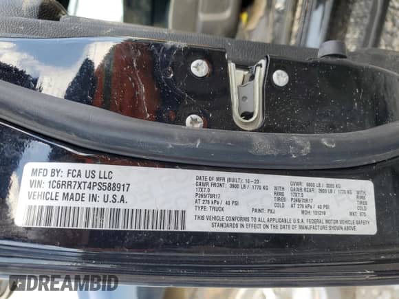 2023 Ram 1500 SSV с VIN 1C6RR7XT4PS588917, выставлен на аукционе Copart как лот 80661594 с пробегом 28 414 миль миль и Списание • Salvage title. История ставок и продаж доступна на DreamBid. Изображение 12.