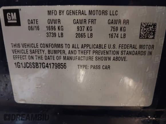 2016 Chevrolet Sonic LT with VIN 1G1JC6SB7G4179856, listed as a IAAI auction lot 40774058 with 216,162 mi miles and . Bid and sale history available at DreamBid. Image 9.