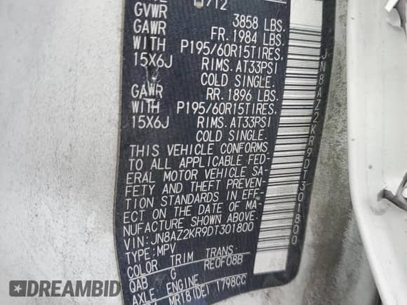 2013 Nissan Cube S z VIN JN8AZ2KR9DT301800, wystawiony jako Copart lot #72103315 z przebiegiem 138 789 mil mil oraz Szkoda całkowita • Salvage title. Historia ofert i sprzedaży dostępna na DreamBid. Obrazek 13.