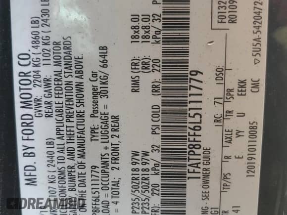 2020 Ford Mustang GT Premium с VIN 1FATP8FF6L5111779, выставлен на аукционе Copart как лот 42972225 с пробегом 88 626 миль миль и Списание • Salvage title. История ставок и продаж доступна на DreamBid. Изображение 12.