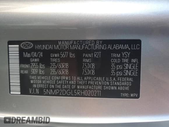 2024 Hyundai Santa Fe SEL с VIN 5NMP2DGL5RH020211, выставлен на аукционе Copart как лот 67354484 с пробегом 7 158 миль миль и Чистый • Clean title. История ставок и продаж доступна на DreamBid. Изображение 15.