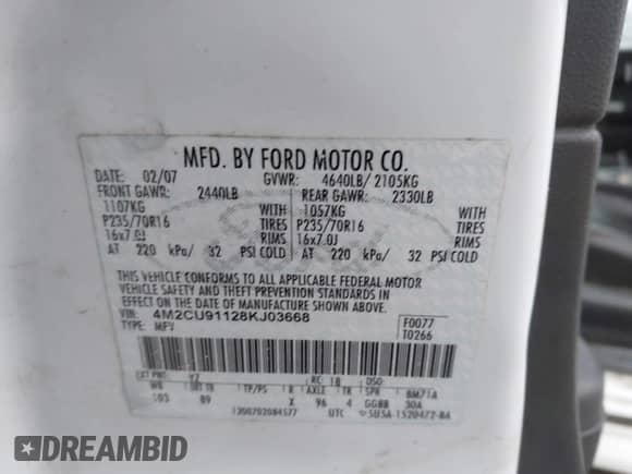 2008 Mercury Mariner with VIN 4M2CU91128KJ03668, listed as a IAAI auction lot 41213830 with 240,480 mi miles and . Bid and sale history available at DreamBid. Image 9.