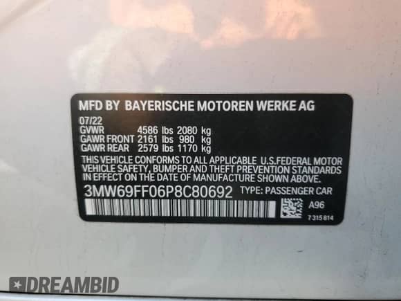 2023 BMW 3 Series 330i z VIN 3MW69FF06P8C80692, wystawiony jako Copart lot #81079345 z przebiegiem 30 203 mil mil oraz Szkoda całkowita • Salvage title. Historia ofert i sprzedaży dostępna na DreamBid. Obrazek 12.