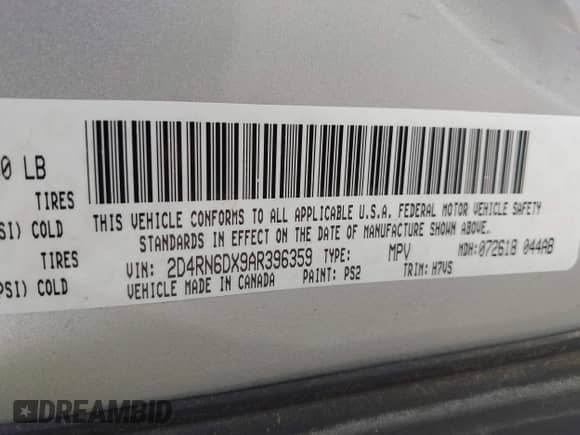 2010 Dodge Grand Caravan Crew with VIN 2D4RN6DX9AR396359, listed as a IAAI auction lot 42690598 with 132,223 mi miles and . Bid and sale history available at DreamBid. Image 9.
