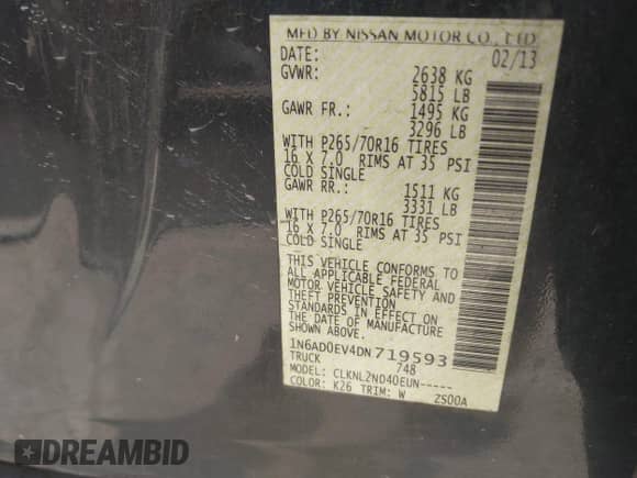 2013 Nissan Frontier SV with VIN 1N6AD0EV4DN719593, listed as a IAAI auction lot 42970643 with 179,622 mi miles and . Bid and sale history available at DreamBid. Image 9.