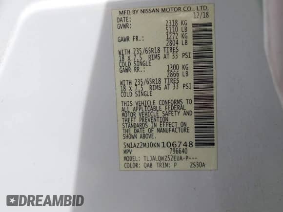 2019 Nissan Murano SV with VIN 5N1AZ2MJ0KN106748, listed as a IAAI auction lot 43276978 with 115,769 mi miles and . Bid and sale history available at DreamBid. Image 9.