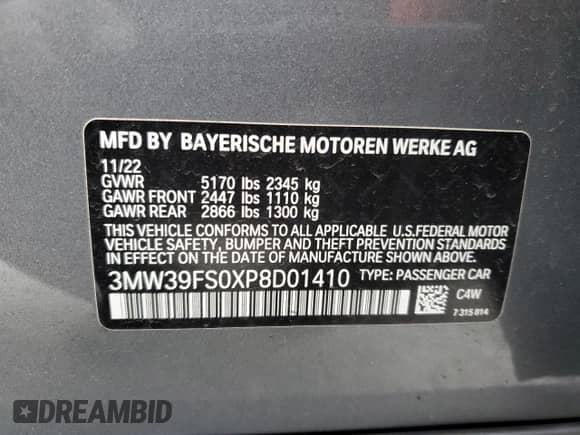 2023 BMW 3 Series 330e xDrive z VIN 3MW39FS0XP8D01410, wystawiony jako Copart lot #45859165 z przebiegiem Nie podano mil oraz Szkoda całkowita • Salvage title. Historia ofert i sprzedaży dostępna na DreamBid. Obrazek 12.