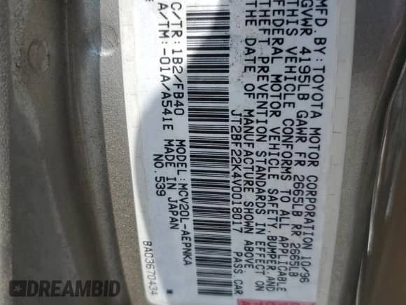 1997 Toyota Camry LE z VIN JT2BF22K4V0018017, wystawiony jako Copart lot #71291145 z przebiegiem 131 770 mil mil oraz Szkoda całkowita • Salvage title. Historia ofert i sprzedaży dostępna na DreamBid. Obrazek 12.