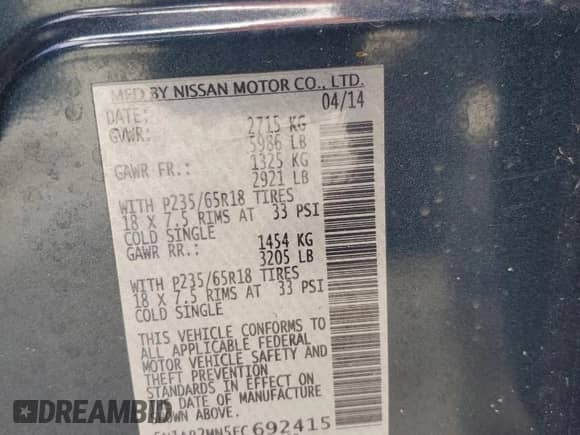 2014 Nissan Pathfinder S with VIN 5N1AR2MN5EC692415, listed as a Copart auction lot 69955125 with 133,132 mi miles and Salvage title. Bid and sale history available at DreamBid. Image 13.