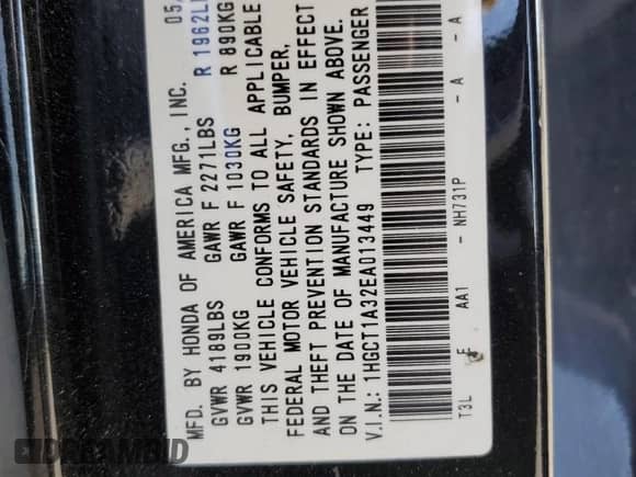 2014 Honda Accord LX-S with VIN 1HGCT1A32EA013449, listed as a Copart auction lot 76703634 with Not provided miles and Salvage title. Bid and sale history available at DreamBid. Image 14.