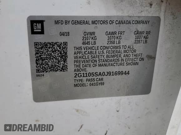 2018 Chevrolet Impala LT with VIN 2G1105SA0J9169944, listed as a Copart auction lot 65566725 with 138,938 mi miles and Salvage title. Bid and sale history available at DreamBid. Image 13.