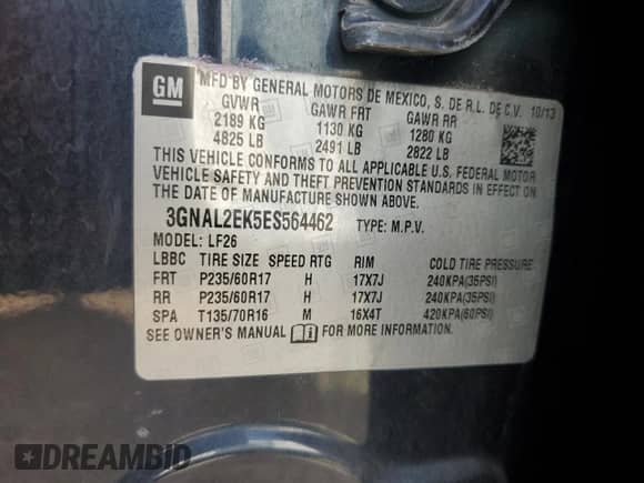 2014 Chevrolet Captiva Sport LS with VIN 3GNAL2EK5ES564462, listed as a Copart auction lot 86061765 with 132,454 mi miles and Salvage title. Bid and sale history available at DreamBid. Image 12.