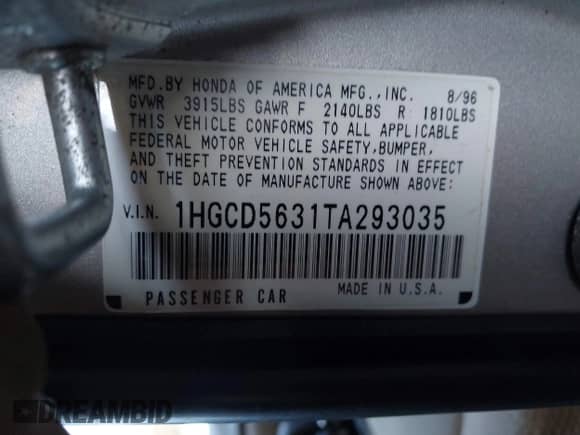 1996 Honda Accord LX с VIN 1HGCD5631TA293035, выставлен на аукционе IAAI как лот 43341083 с пробегом 105 735 миль миль и . История ставок и продаж доступна на DreamBid. Изображение 9.