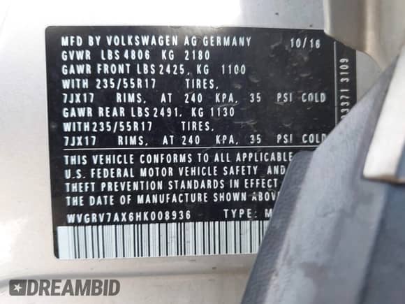 2017 Volkswagen Tiguan Wolfsburg Edition с VIN WVGRV7AX6HK008936, выставлен на аукционе IAAI как лот 42666910 с пробегом 101 775 миль миль и . История ставок и продаж доступна на DreamBid. Изображение 9.