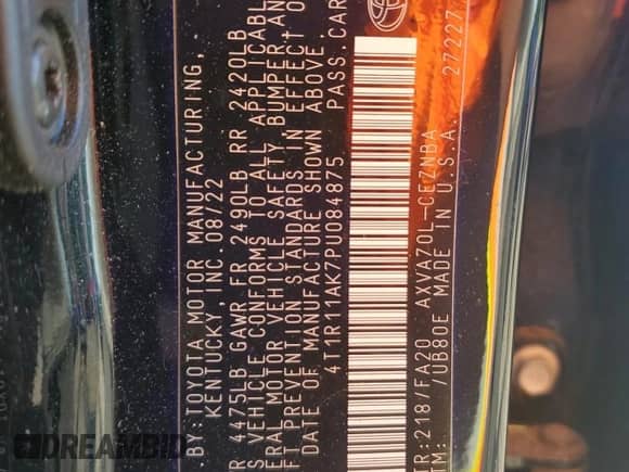 2023 Toyota Camry LE with VIN 4T1R11AK7PU084875, listed as a Copart auction lot 55857395 with 26,473 mi miles and Salvage title. Bid and sale history available at DreamBid. Image 12.