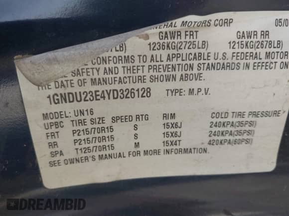 2000 Chevrolet Venture 1SV с VIN 1GNDU23E4YD326128, выставлен на аукционе IAAI как лот 42499251 с пробегом 288 231 миль миль и . История ставок и продаж доступна на DreamBid. Изображение 9.