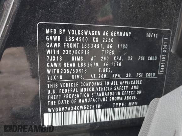 2012 Volkswagen Tiguan S с VIN WVGBV7AX4CW527518, выставлен на аукционе IAAI как лот 42952311 с пробегом Не указан миль и . История ставок и продаж доступна на DreamBid. Изображение 9.