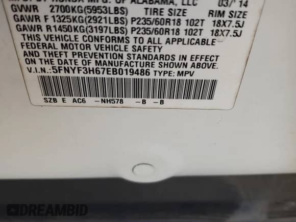 2014 Honda Pilot EX-L with VIN 5FNYF3H67EB019486, listed as a Copart auction lot 82433035 with 247,027 mi miles and Salvage title. Bid and sale history available at DreamBid. Image 14.