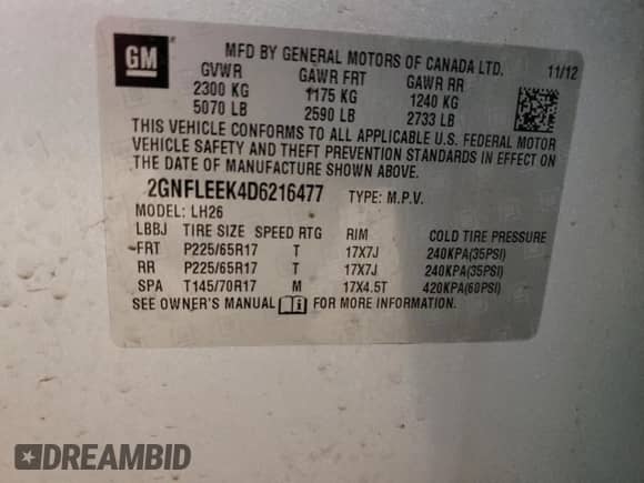 2013 Chevrolet Equinox LT with VIN 2GNFLEEK4D6216477, listed as a Copart auction lot 55967145 with 123,895 mi miles and Non repairable. Bid and sale history available at DreamBid. Image 15.