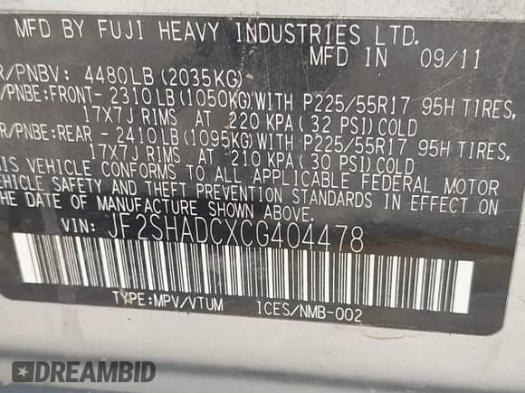 2012 Subaru Forester X Premium z VIN JF2SHADCXCG404478, wystawiony jako IAAI lot #42346705 z przebiegiem 185 665 mil mil oraz . Historia ofert i sprzedaży dostępna na DreamBid. Obrazek 9.