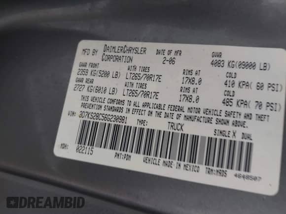 2006 Dodge 2500 SLT with VIN 3D7KS28C56G230981, listed as a IAAI auction lot 43380232 with 275,125 mi miles and . Bid and sale history available at DreamBid. Image 7.