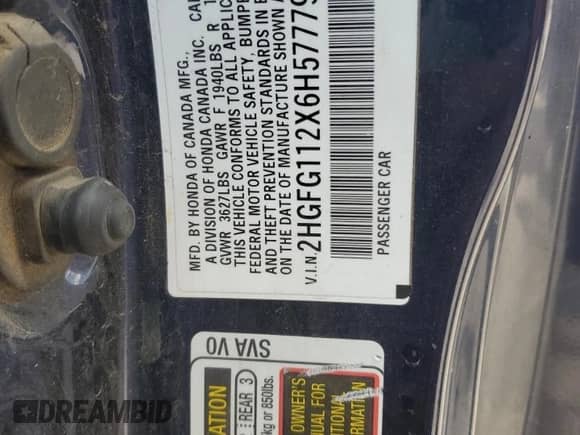 2006 Honda Civic with VIN 2HGFG112X6H577796, listed as a Copart auction lot 53915845 with 267,612 mi miles and Salvage title. Bid and sale history available at DreamBid. Image 12.