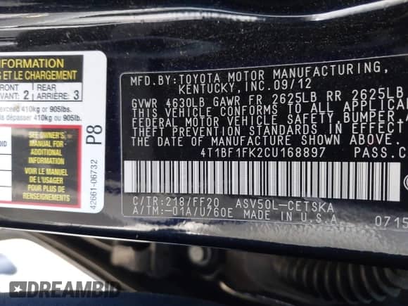 2012 Toyota Camry SE с VIN 4T1BF1FK2CU168897, выставлен на аукционе IAAI как лот 43470010 с пробегом 288 041 миль миль и . История ставок и продаж доступна на DreamBid. Изображение 9.