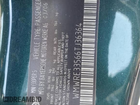 2006 MINI Hardtop S with VIN WMWRE33566TJ36364, listed as a Copart auction lot 89476895 with 117,250 mi miles and Clean title. Bid and sale history available at DreamBid. Image 12.